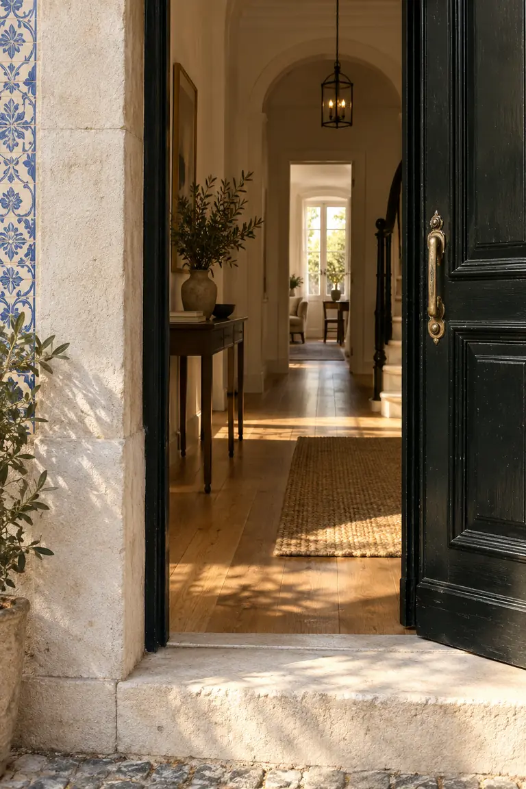 Porta portuguesa aberta, com pedra clara, azulejos e luz natural no interior.