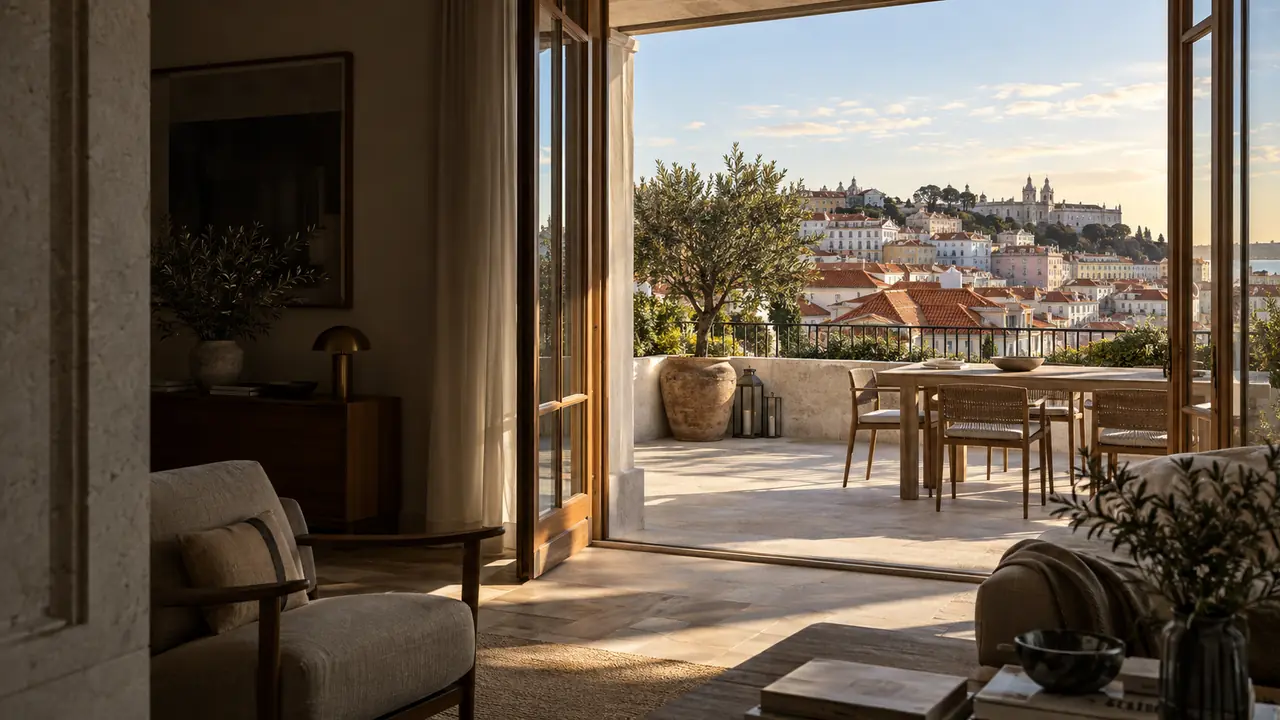Luz de fim de tarde numa sala aberta para um terraço com vista sobre os telhados de Lisboa.
