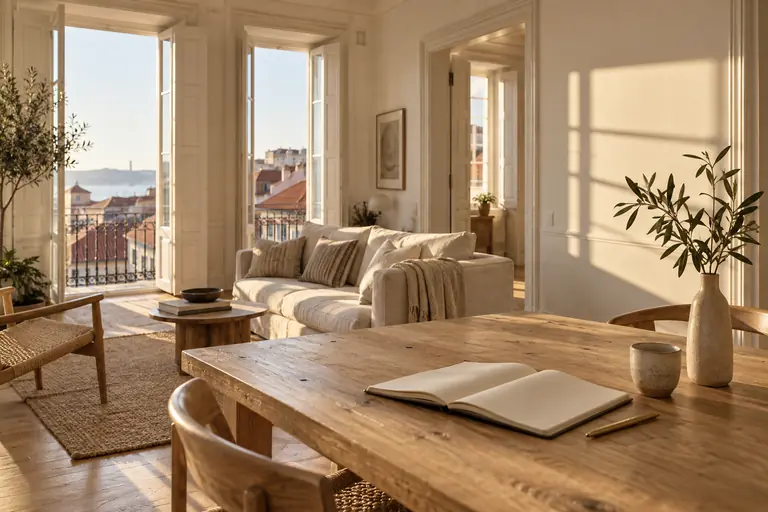 Sala portuguesa iluminada pelo sol, com uma mesa de madeira e um caderno aberto.