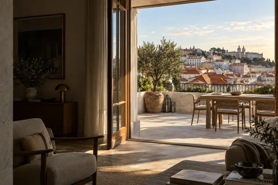 Terraço com mesa de jantar e vista sobre Lisboa ao fim da tarde.